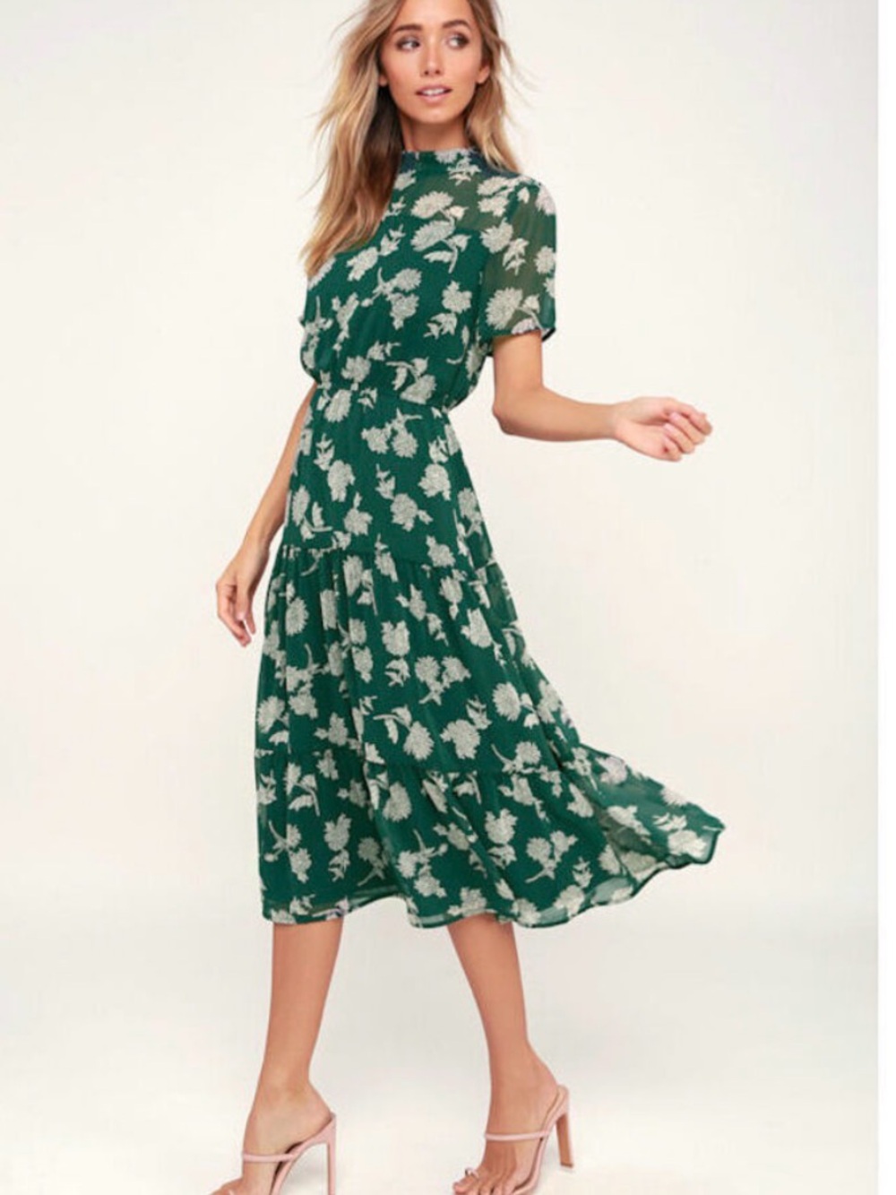 Lulus Floral Dressed Up Dark Green Floral Print Midi Dress Size XS